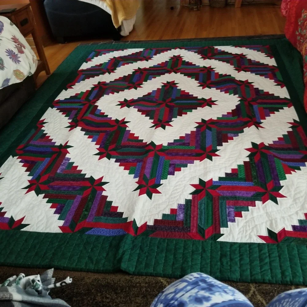 Homemade hand quilted Log Cabin Star Quilt King cal. King  Patchwork Bedspread